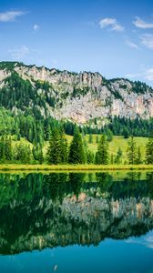 Превью обои озеро, горы, деревья, отражение, пейзаж, природа