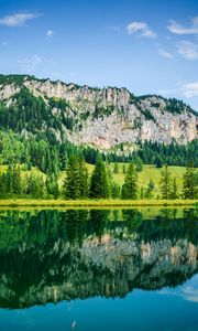 Превью обои озеро, горы, деревья, отражение, пейзаж, природа