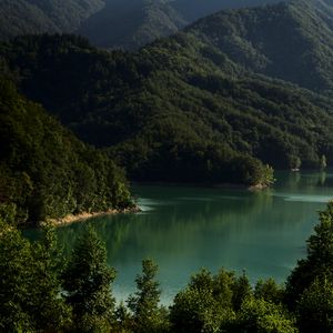 Превью обои озеро, горы, деревья, пейзаж, италия