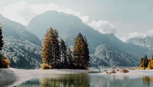 Превью обои озеро, горы, деревья, туман, берег, пейзаж