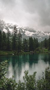 Превью обои озеро, горы, деревья, дождь, природа