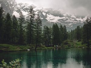 Превью обои озеро, горы, деревья, дождь, природа
