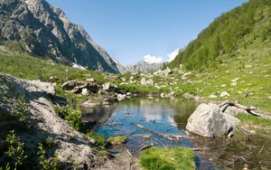 Превью обои озеро, горы, камни, скалы, долина, пейзаж