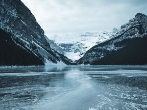 Превью обои озеро, горы, лед, замерзший, снег, пейзаж