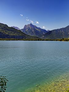 Превью обои озеро, горы, лес, вода, лето, пейзаж