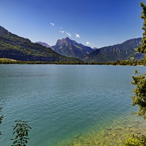 Превью обои озеро, горы, лес, вода, лето, пейзаж