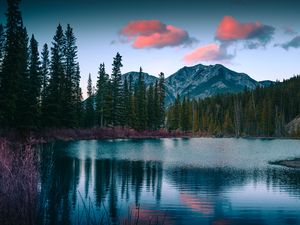 Превью обои озеро, горы, лес, пейзаж, природа