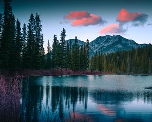 Превью обои озеро, горы, лес, пейзаж, природа