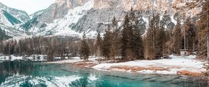 Превью обои озеро, горы, лес, ель, пейзаж