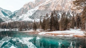 Превью обои озеро, горы, лес, ель, пейзаж