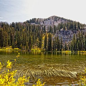 Превью обои озеро, горы, лес, осень, пейзаж