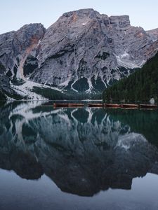 Превью обои озеро, горы, лодки, вода, отражение