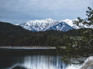 Превью обои озеро, горы, пейзаж, заснеженный, айбзее, грайнау, германия