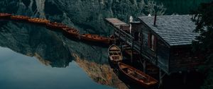 Превью обои озеро, горы, пирс, лодки, природа