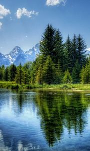Превью обои озеро, горы, природа, деревья, отражение, небо, вода