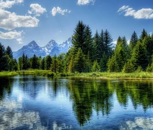 Превью обои озеро, горы, природа, деревья, отражение, небо, вода