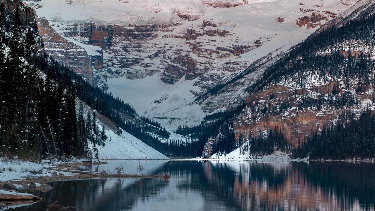 Обои озеро, горы, снег, вершина, лейк луиз, канада