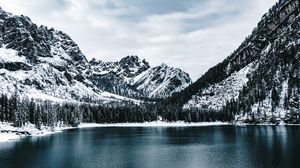 Превью обои озеро, горы, снег, зима, природа