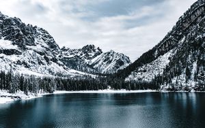 Превью обои озеро, горы, снег, зима, природа