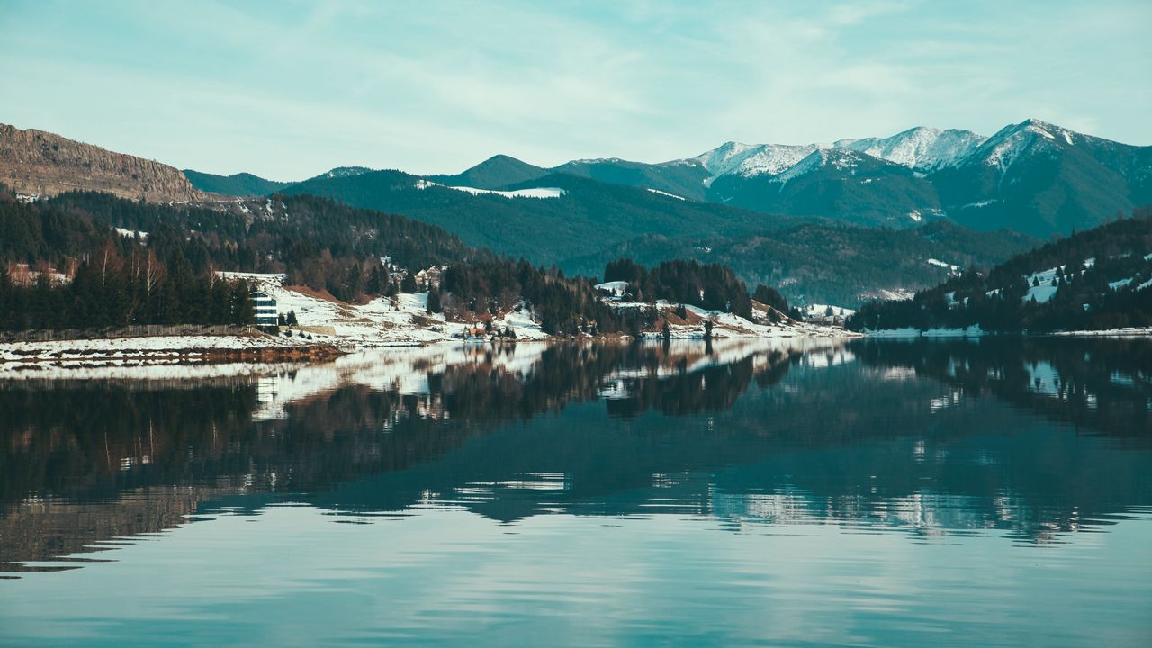 Обои озеро, горы, заснеженный, румыния