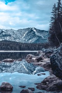 Превью обои озеро, горы, зима, отражение