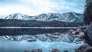 Превью обои озеро, горы, зима, отражение