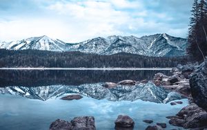 Превью обои озеро, горы, зима, отражение