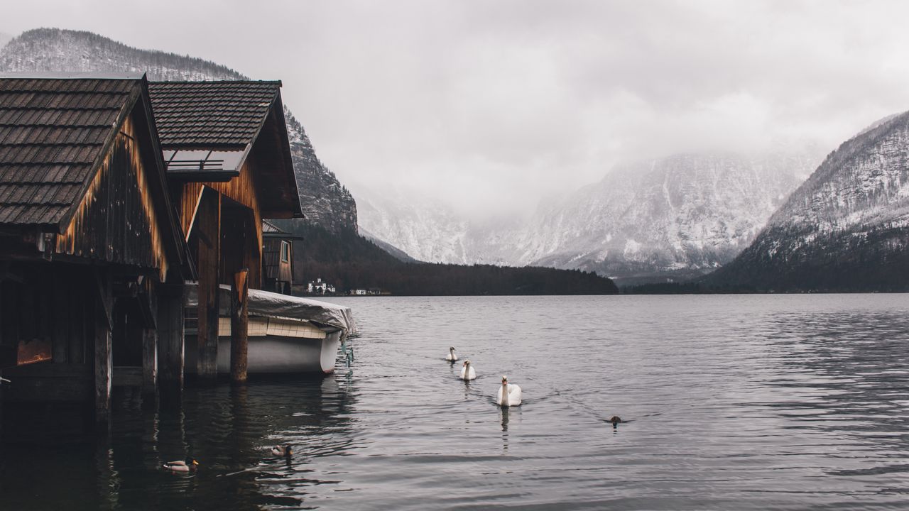 Обои озеро, лебеди, горы, дом, лодка