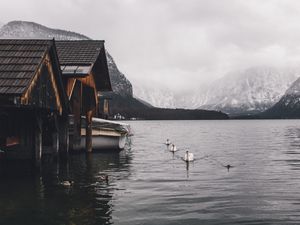 Превью обои озеро, лебеди, горы, дом, лодка