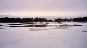 Превью обои озеро, лед, деревья, зима, снег