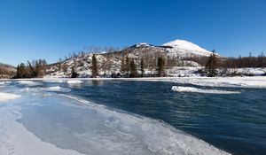 Превью обои озеро, лед, снег, деревья, горы, природа