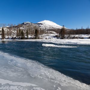 Превью обои озеро, лед, снег, деревья, горы, природа