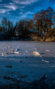 Превью обои озеро, лед, зима, лес, деревья, природа