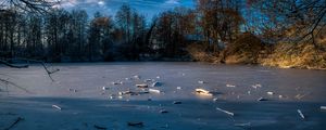 Превью обои озеро, лед, зима, лес, деревья, природа