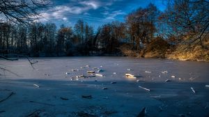 Превью обои озеро, лед, зима, лес, деревья, природа