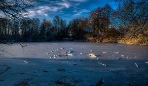 Превью обои озеро, лед, зима, лес, деревья, природа