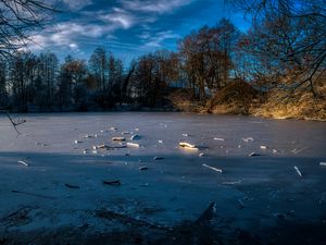 Превью обои озеро, лед, зима, лес, деревья, природа
