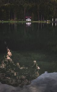 Превью обои озеро, лес, дом, деревья, берег