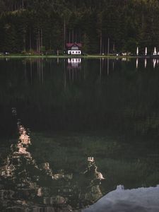 Превью обои озеро, лес, дом, деревья, берег