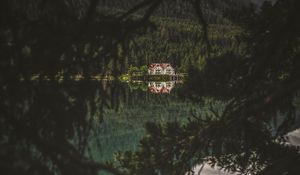 Превью обои озеро, лес, дом, ветки, темный
