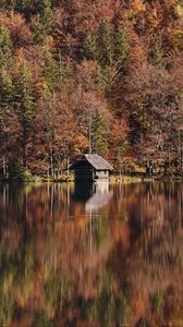 Превью обои озеро, лес, хижина, осень, природа
