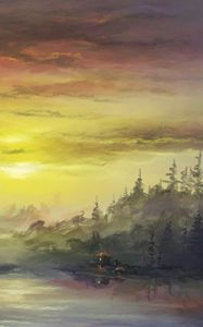 Превью обои озеро, лес, хижина, арт