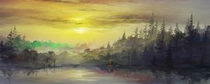 Превью обои озеро, лес, хижина, арт