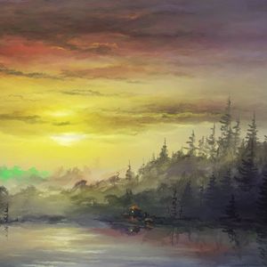 Превью обои озеро, лес, хижина, арт