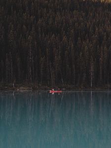 Превью обои озеро, лес, лодка, деревья, отражение