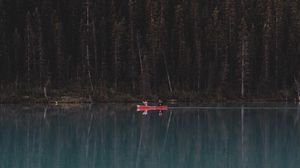 Превью обои озеро, лес, лодка, деревья, отражение