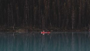 Превью обои озеро, лес, лодка, деревья, отражение