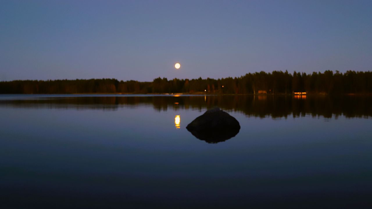 Обои озеро, лес, луна, вечер, пейзаж