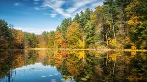 Превью обои озеро, лес, осень, деревья, отражение