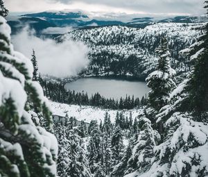 Превью обои озеро, лес, снег, вид сверху, горы, зима